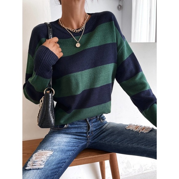 BohoGypsyDreamer Sweaters - preppy striped green navy blue college Colorblock Drop Shoulder Sweater